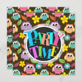 Invitation Chouettes à motifs colorés et fleurs (Devant / Derrière)