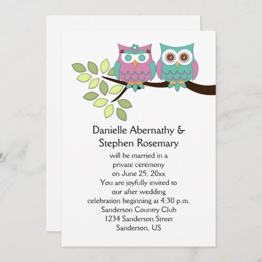 Invitation Chouettes Bleues Après La Célébration Mariage (Devant / Derrière)