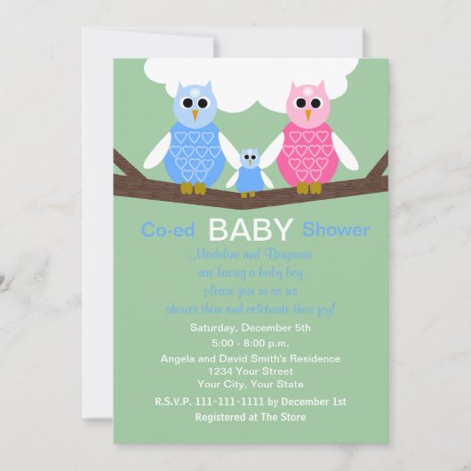 Invitation Chouettes de Baby shower de garçon à lit de couple (Devant)