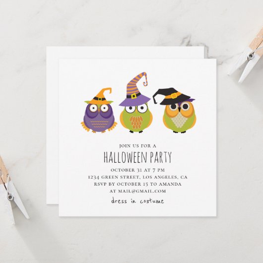 Invitation Chouettes d'Halloween. Fête costumée pour enfants (Devant/Arrière en situation)