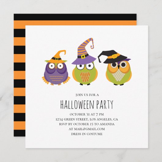 Invitation Chouettes d'Halloween. Fête costumée pour enfants  (Devant / Derrière)