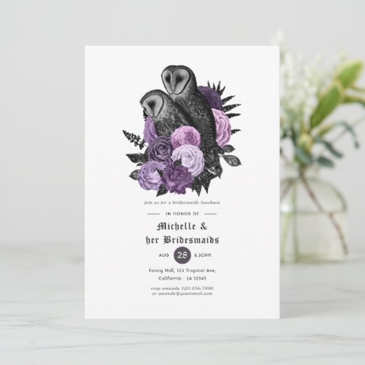 Invitation Chouettes florales violettes Poules gothiques Mari (Debout devant)