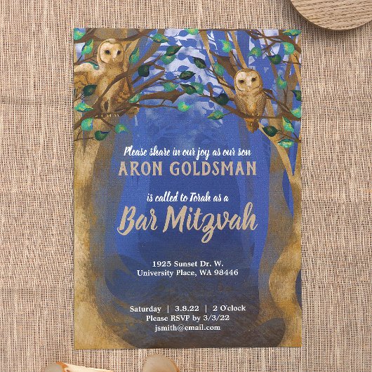 Invitation Chouettes, Forêt Misty, Bleu, Bar Beige Mitzvah In