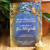 Invitation Chouettes, Forêt Misty, Bleu, Bar Beige Mitzvah In