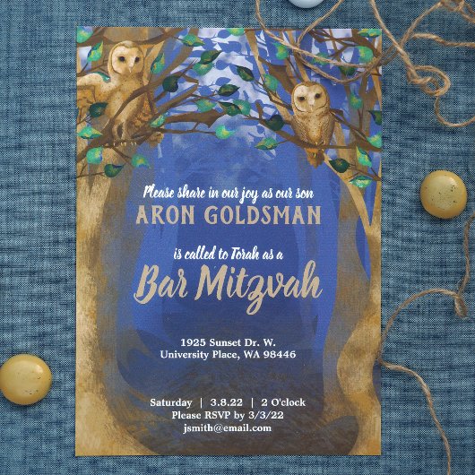 Invitation Chouettes, Forêt Misty, Bleu, Bar Beige Mitzvah In