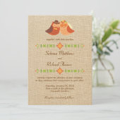 Invitation Chouettes Lovebird sur Mariage Burlap (Debout devant)