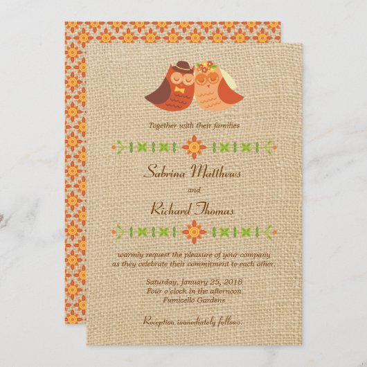 Invitation Chouettes Lovebird sur Mariage Burlap (Devant / Derrière)