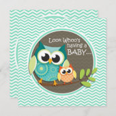 Invitation Chouettes mignonnes ; Aqua Green Chevron (Devant / Derrière)