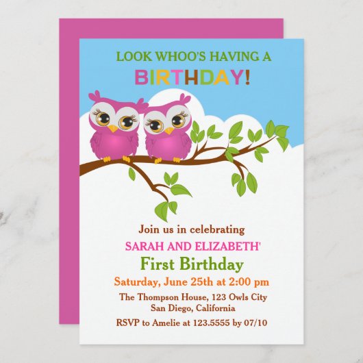 Invitation Chouettes mignonnes sur les jumeaux de branche Inv (Devant / Derrière)