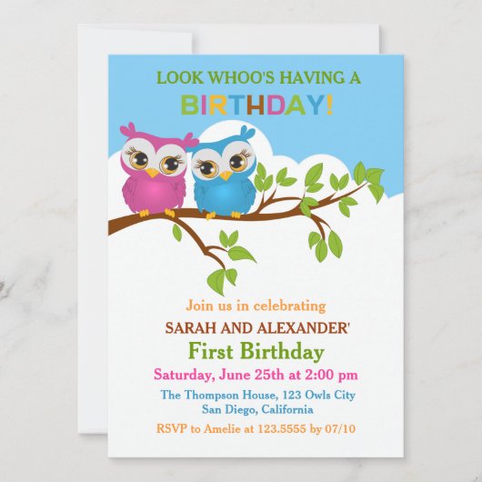 Invitation Chouettes mignonnes sur les jumeaux de branche Inv (Devant)