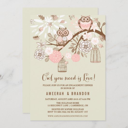 Invitation Chouettes roses et oiseaux (Devant / Derrière)