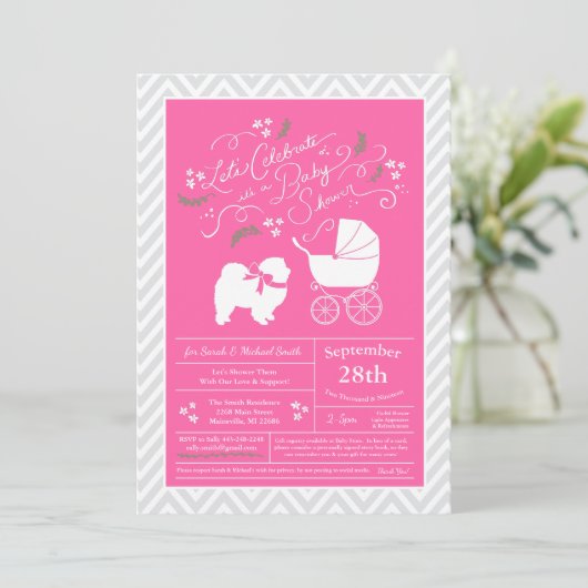 Invitation Chow Chow Chien Baby shower fille rose (Debout devant)