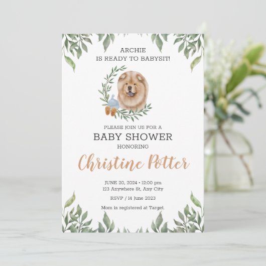 Invitation Chow Chow Chien Chien Chiot Baby shower Boho Verdu (Debout devant)