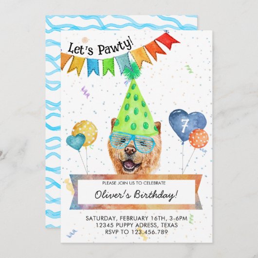 Invitation Chow Chow Lets Pawty Dog Anniversaire (Devant / Derrière)