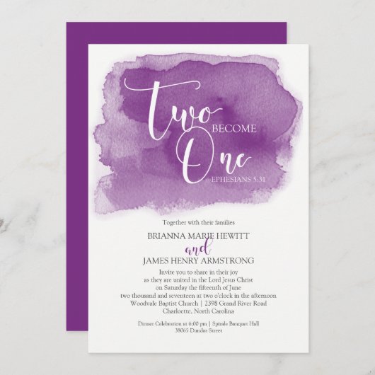 Invitation Chrétien Mariage Aquarelle violette (Devant / Derrière)