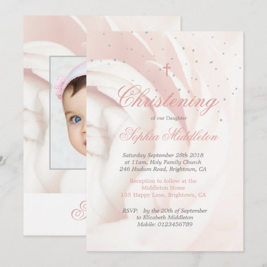 Invitation Christening Baptême Photo Girl Rose Argent (Devant / Derrière)