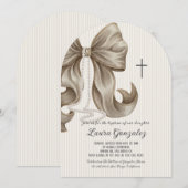 Invitation Christening Baptism Elegant Neutral Striped Bow  (Devant / Derrière)