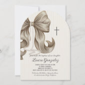 Invitation Christening Baptism Elegant Neutral Striped Bow  (Devant)
