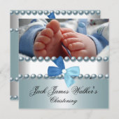 Invitation Christening Boy White Blue Pearl Bow Photo (Devant / Derrière)