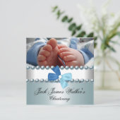 Invitation Christening Boy White Blue Pearl Bow Photo (Debout devant)