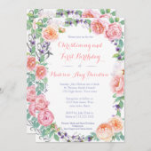 Invitation Christening classique / Anniversaire aux roses ros (Devant / Derrière)