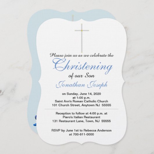 Invitation Christening Croix Bleu Gris Bébé Garçon Rattle (Devant / Derrière)