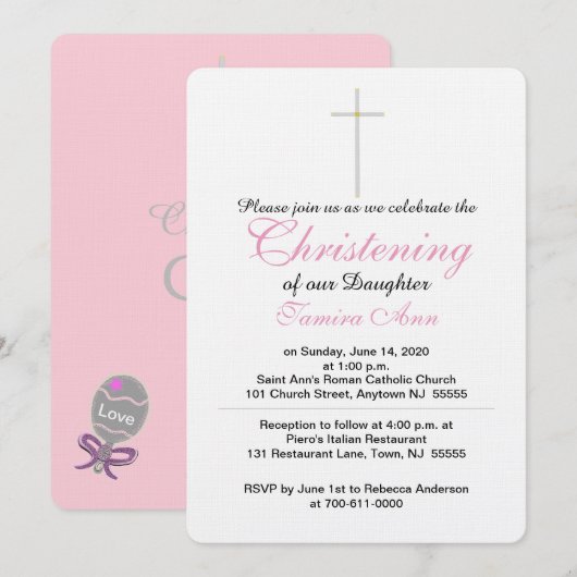 Invitation Christening Cross Daughter Rose Baby Rattle (Devant / Derrière)