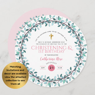 Invitation Christening et 1er anniversaire filles rose floral