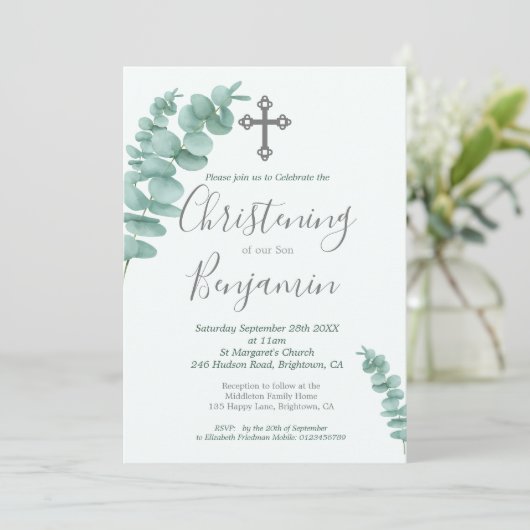 Invitation Christening Garçon Eucalyptus Verdure Moderne (Debout devant)