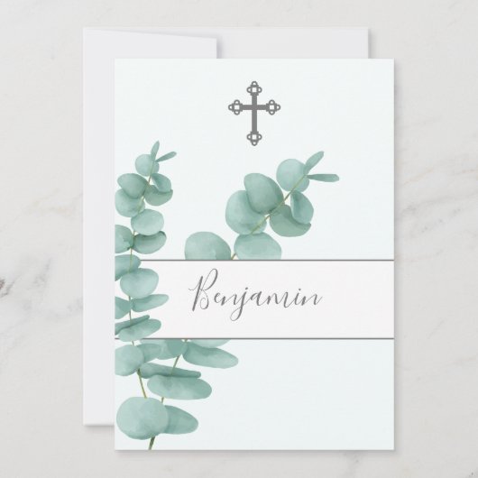 Invitation Christening Garçon Eucalyptus Verdure Moderne (Dos)