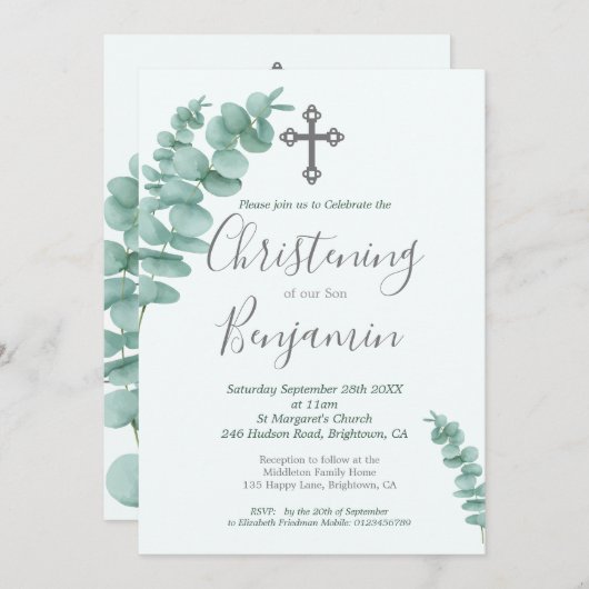 Invitation Christening Garçon Eucalyptus Verdure Moderne (Devant / Derrière)
