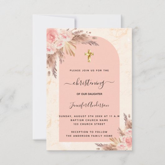 Invitation Christening pampas herbe rose rose marbre fille (Devant)