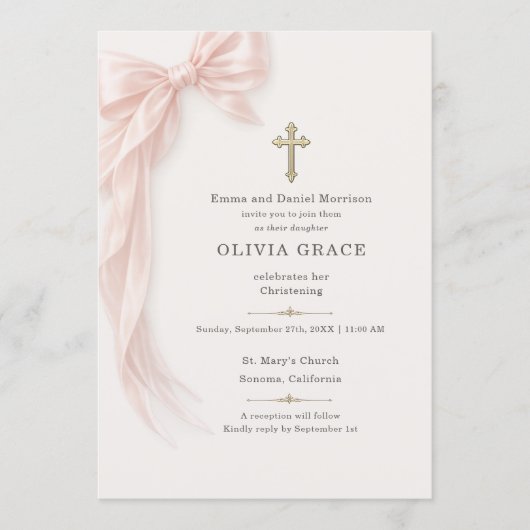 Invitation Christening Pink Bow  (Devant)