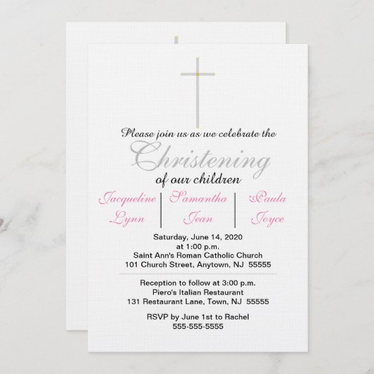 Invitation Christening Pink Triplets (Devant / Derrière)