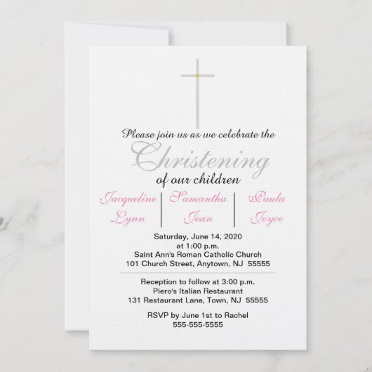 Invitation Christening Pink Triplets (Devant)