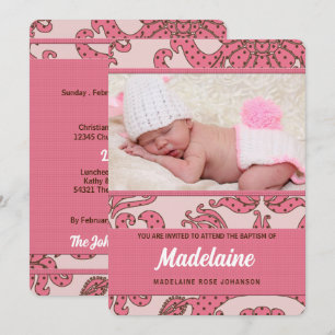 Invitation Christening rose et Brown pour fille avec photo