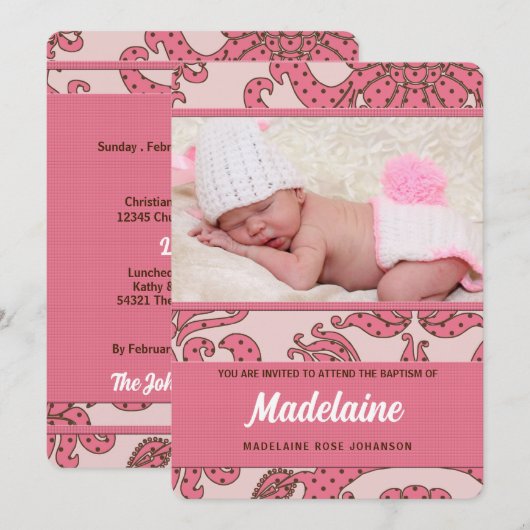 Invitation Christening rose et Brown pour fille avec photo (Devant / Derrière)