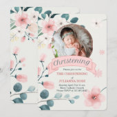 Invitation Christening rose pour les fleurs de bambins de la  (Devant / Derrière)