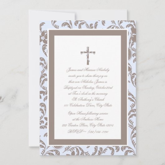 Invitation Christening Soft Blue et Brown Paisley (Devant)