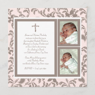 Invitation Christening Soft Rose et Brown Paisley Photo