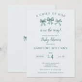 Invitation Christian Baby Coquette Bows Enfant de Dieu Vert (Devant / Derrière)