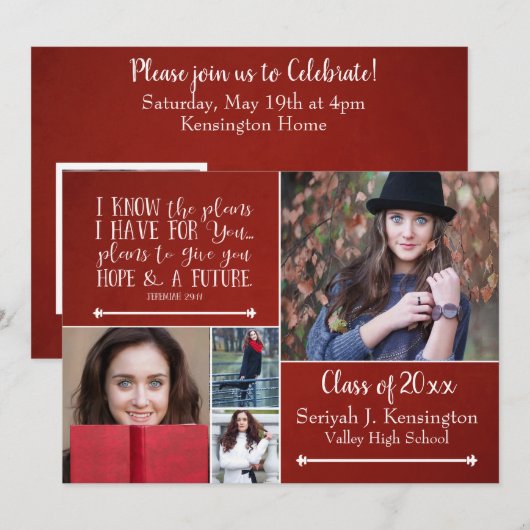 Invitation Christian Bible Verse Graduation Photo Collage (Devant / Derrière)