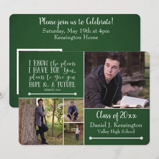 Invitation Christian Bible Verse Graduation Photo Collage Gre (Devant / Derrière)