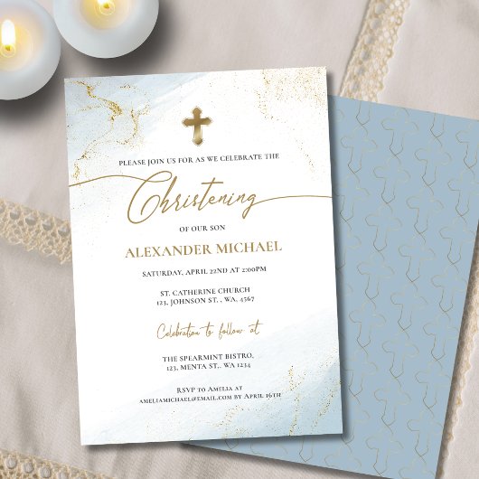 Invitation Christian Blue Gold Cross Garçon Christening