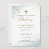 Invitation Christian Blue Gold Cross Garçon Christening (Devant)