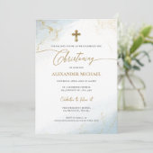 Invitation Christian Blue Gold Cross Garçon Christening (Debout devant)