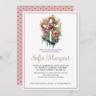 Invitation Christian Cross Watercolor Flowers Girl Baptism