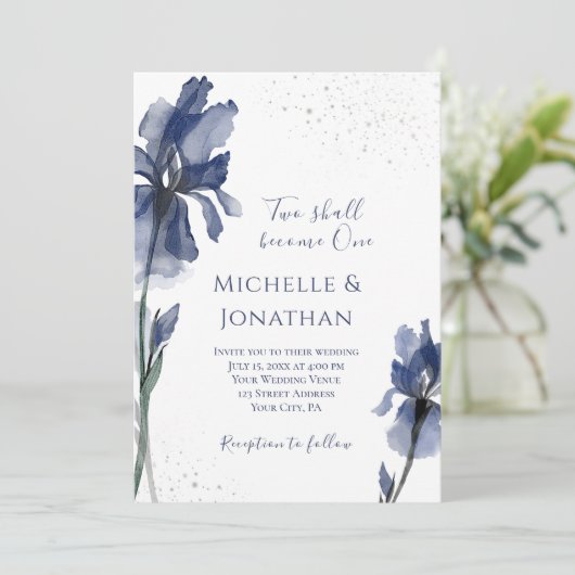 Invitation Christian Dusty Blue Iris simple Mariage à fleurs (Debout devant)