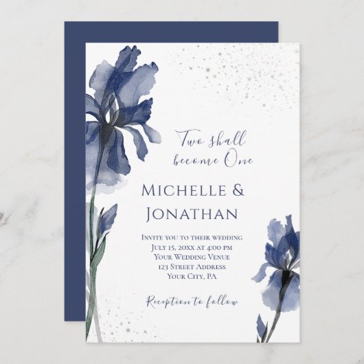 Invitation Christian Dusty Blue Iris simple Mariage à fleurs (Devant / Derrière)
