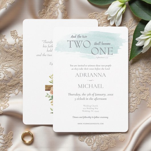 Invitation Christian Two Become One Watercolor Teal Green